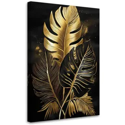WANDBILD goldene monstera palmenblätter