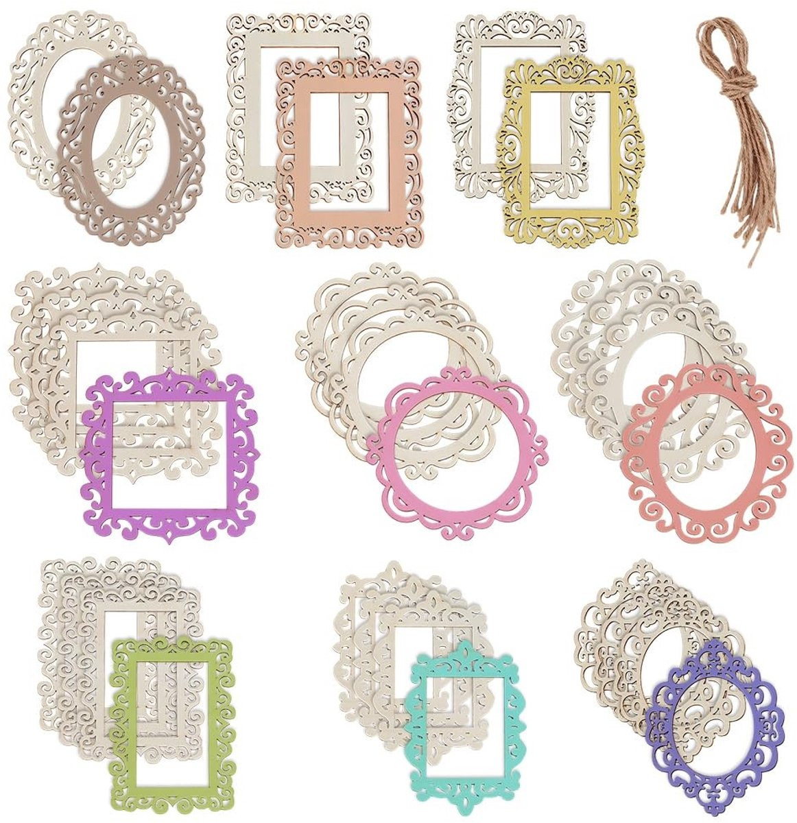Dailygoods Set van 30 Ongefinishte Houten Fotolijsten met Jute Touw voor Decoratieve Mini-Fotoornamenten en Knutselprojecten