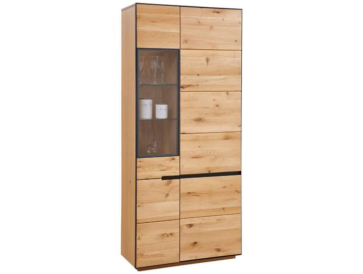 Linea Natura Vitrine Kelio, Eiche, Anthrazit, Holz, Metall, Glas, Wildeiche, furniert, massiv, 8 Fächer, 89x200x38 cm, Beimöbel erhältlich, stehend, Holzmöbel, Holzschränke, Vitrinen Holz, Vitrinenschränke Holz