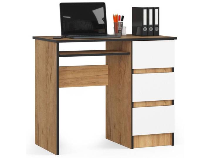 Bureau avec tablette clavier et 3 tiroirs - 90x50x77cm - Bureau informatique avec rangement - Bureau moderne - Chêne et Blanc