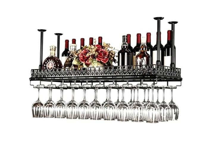 Failjierue Weinregal aus Metall, umgedrehter Kelchhalter für Stielgläser Hängendes Weinglasregal aus Eisen, schwimmendes Flaschenregal für Bars, Restaurants, Küchen(Black,39.4x13.8inch)