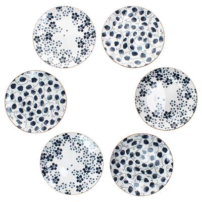 6x Totto Kuchenteller Ø19cm Steingut Blau Weiß Blüten Blatt Dessert Frühstück