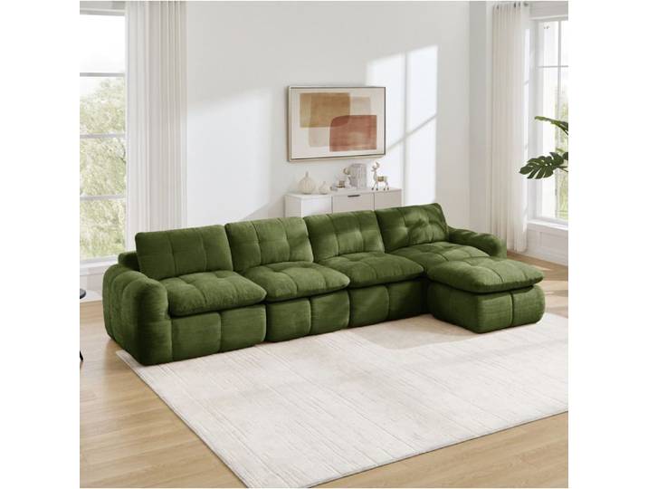 WOVREO Canapé modulable d'angle 4 places en chenille vert avec ottoman sans montage