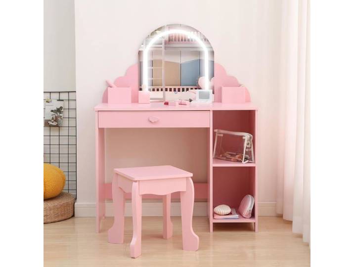 Table de Coiffeuse et Bureau 2-en-1pour Enfants+Miroir LED––Coiffeuse Maquillage et Table d'Étude+Tiroirs-Rose +accessoires