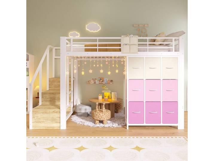 Lit mezzanine - 140 x 200 cm MDF+Métal - Commode intégrée - Escalier rangement - Espace porte-vêtements