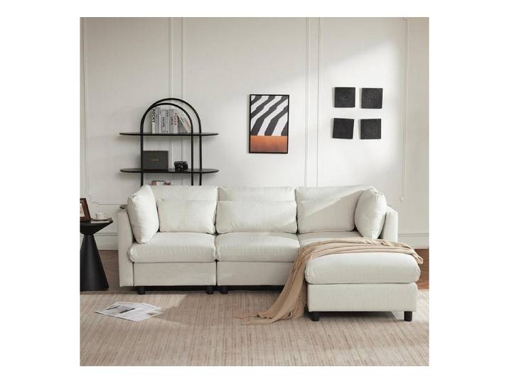LuxusKollektion Ecksofa Ecksofa Fußhocker 220cm L Form 3 Sitzer Beige Ecksofa mit Fußhocker