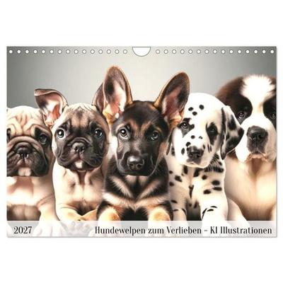 Hundewelpen zum Verlieben - KI Illustrationen (Wandkalender 2027 DIN A4 quer), CALVENDO Monatskalender