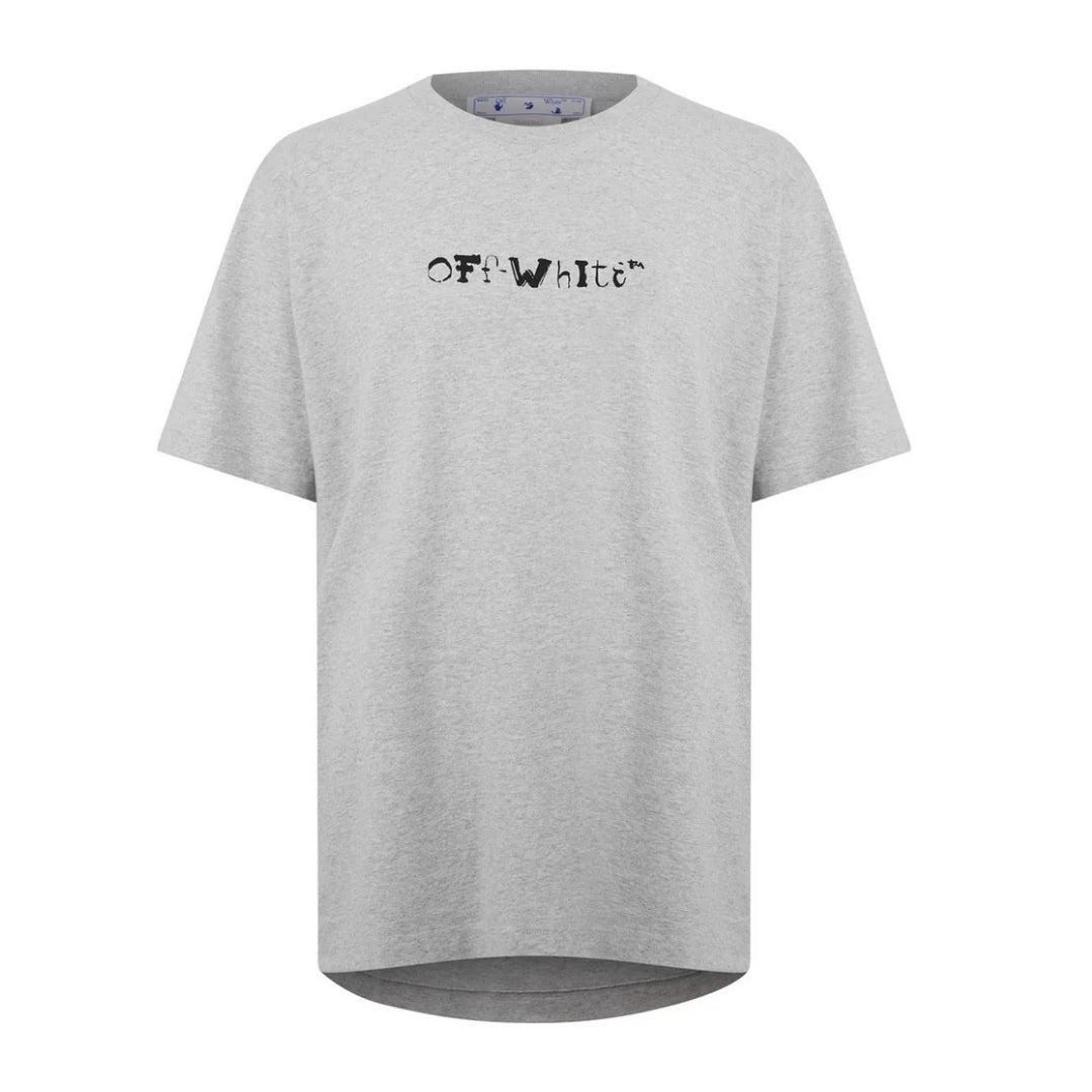 Gebroken witte gezichten over logo over skate-fit grijs T-shirt