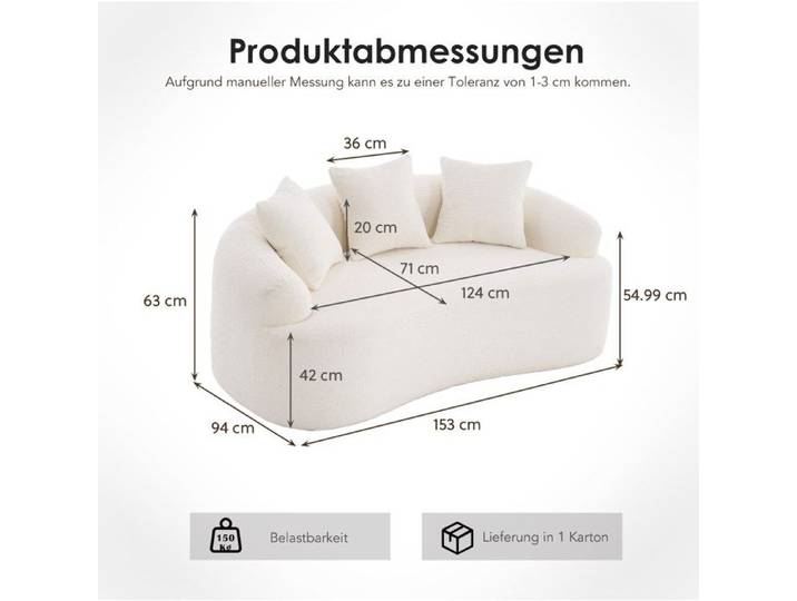 VUENOR Canapé 2 places courbé 153x94 cm blanc cassé – 3 coussins sans montage
