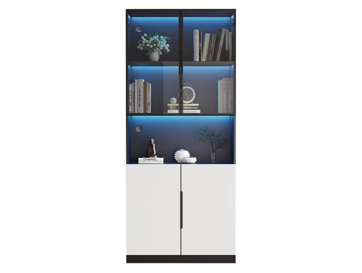 Modenvie Vitrine 80/30/200 cm aus Holzwerkstoff mit LED-Beleuchtung und Glastüren Weiß, 80x200x30 cm, Esszimmer, Vitrinen, Vitrinenschränke