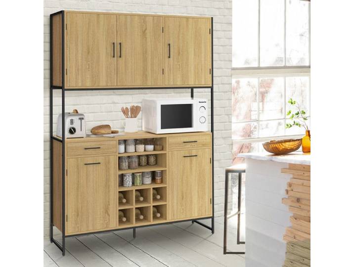 IDMARKET Buffet de cuisine 120 CM DETROIT 5 portes + tiroirs + range-bouteilles design industriel