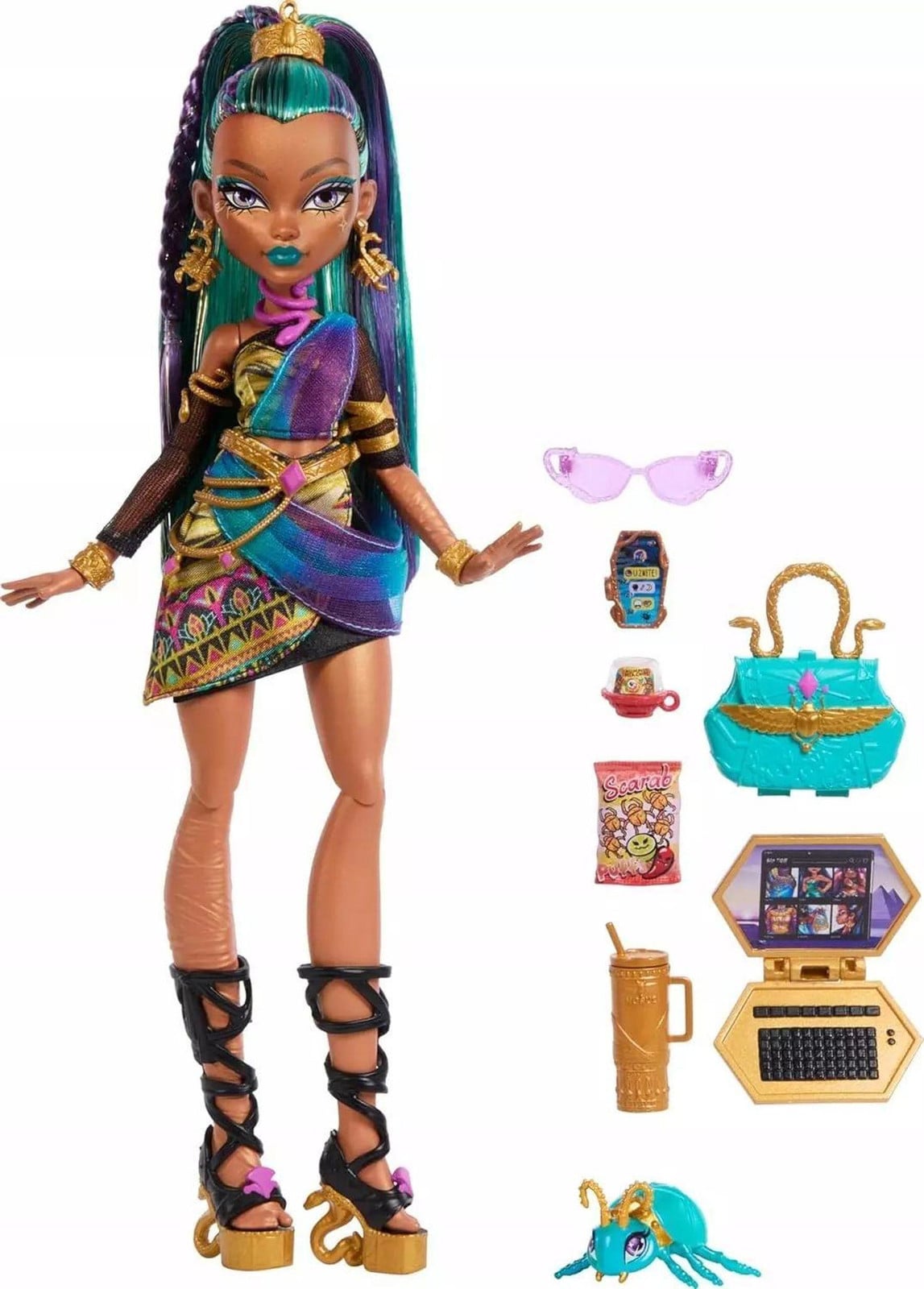 Mattel Monster High Nefera De Nile pop met scharaboeën-accessoire en 7 extra accessoires