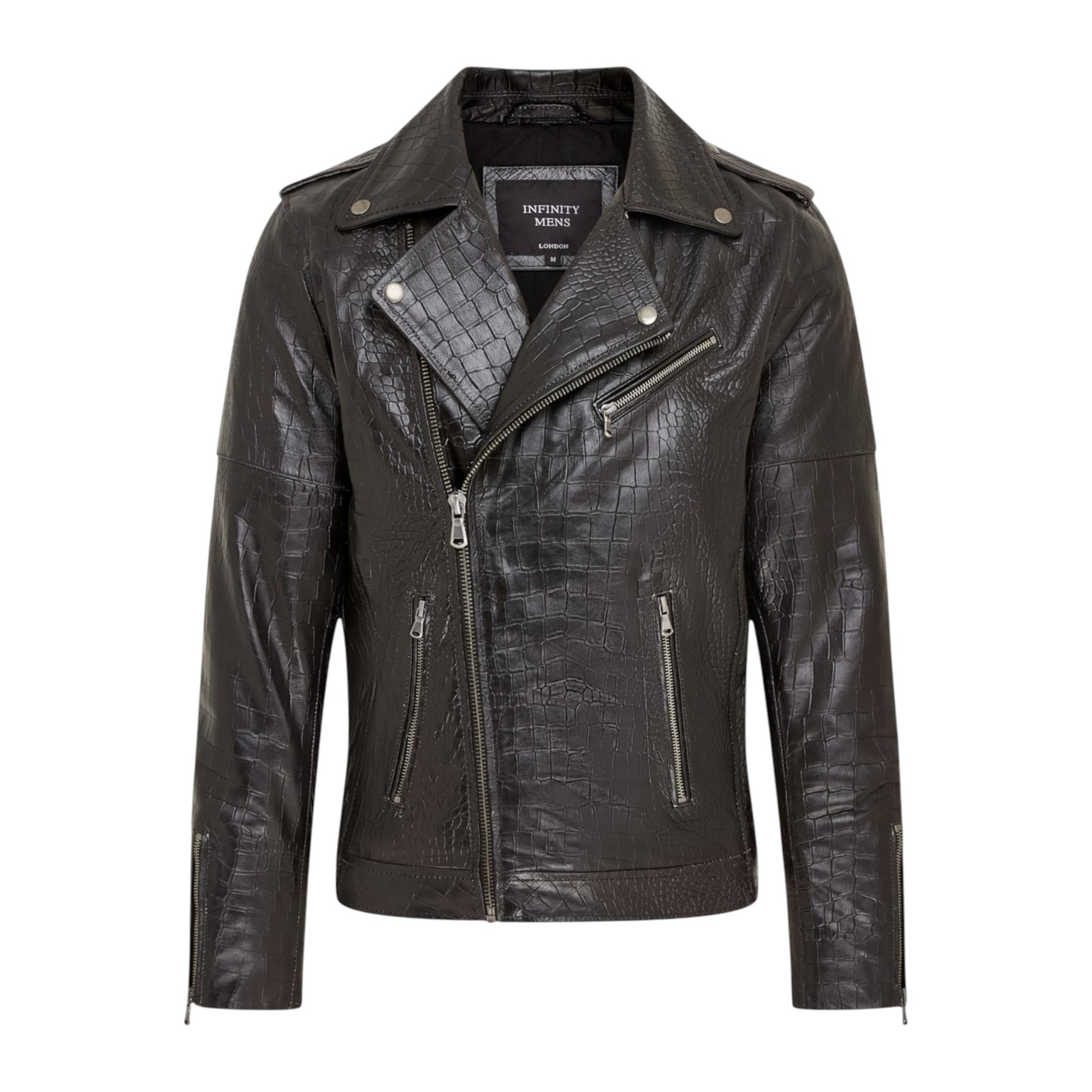 Herren Schwarze Kuhleder-Alligatoren-Muster-Bikerjacke – Rot