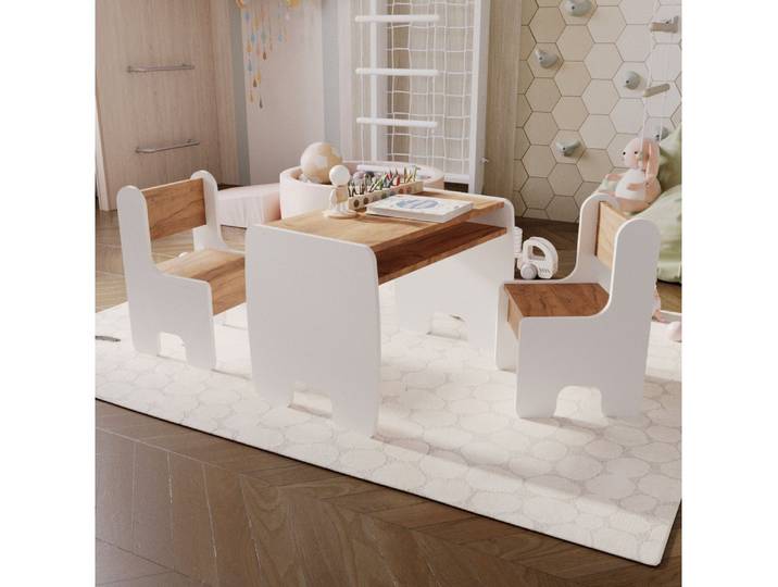 Raumhirsch Furniture Kindertisch Kindertisch & Stühle, Kindermöbelset, Maltisch mit Hocker (Kindersitzgruppe, 3-St., bestehend aus Tisch und 2 Stühlen), Kindgerechtes Design, Stauraum unter Tischplatte, abgerundete Ecken