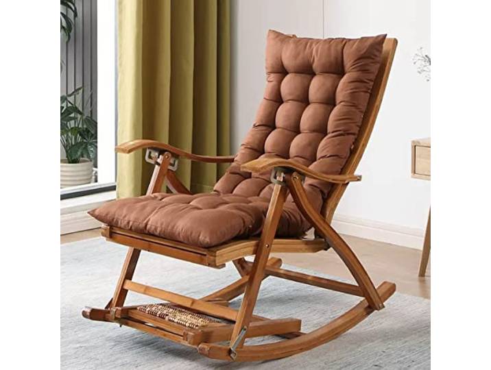 Klappbarer Relaxsessel aus Holz mit Fußstütze, bequemer Schaukelsessel mit Polsterung, bequemer Schaukelstuhl für die Terrasse auf dem Balkon, verstellbare Rückenlehne (Farbe: Braun)