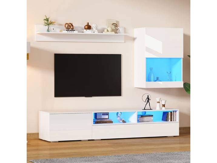 Ensemble meuble TV avec meuble de présentation pour mur TV comprenant un meuble TV une étagère verticale et un support mural