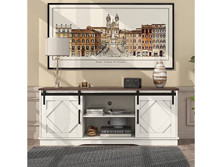 Merax Sideboard Küchenschrank, Industrial Design TV-Ständer Aufbewahrungsschrank mit 2 Schiebetüren und Verstellbare Ablage, Landhausstil Beistellschrank für Wohnzimmer, Esszimmer, Weiss & Braun