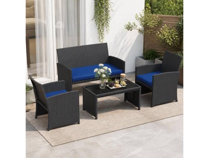 Ensemble canapé terrasse 4 pièces - PAGE LIVING - Set patio - coussins 8 cm déhoussables - anti-moisissure - bleu