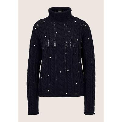 Longpullover MADELEINE "Pullover Zopfpullover mit Strass & Stehkragen", Damen, Gr. 36/38, marine, Modern, weit, Pullover Longpullover