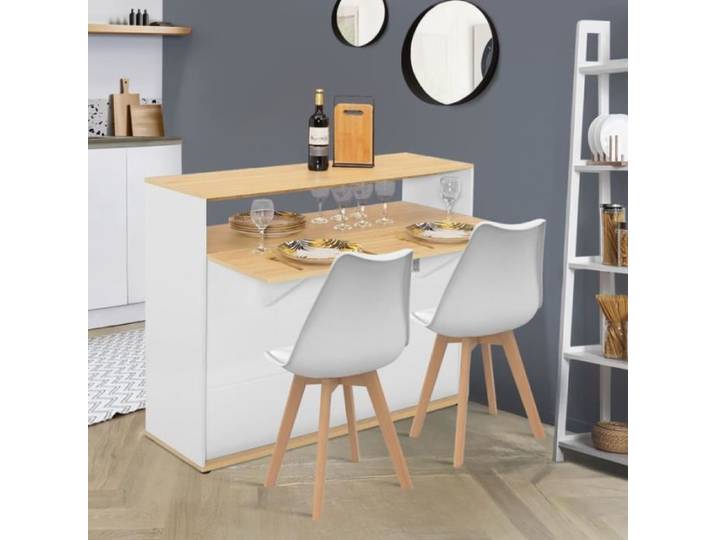 IDMARKET Meuble de bar extensible en table à manger 2 personnes VITO blanc et plateau bois