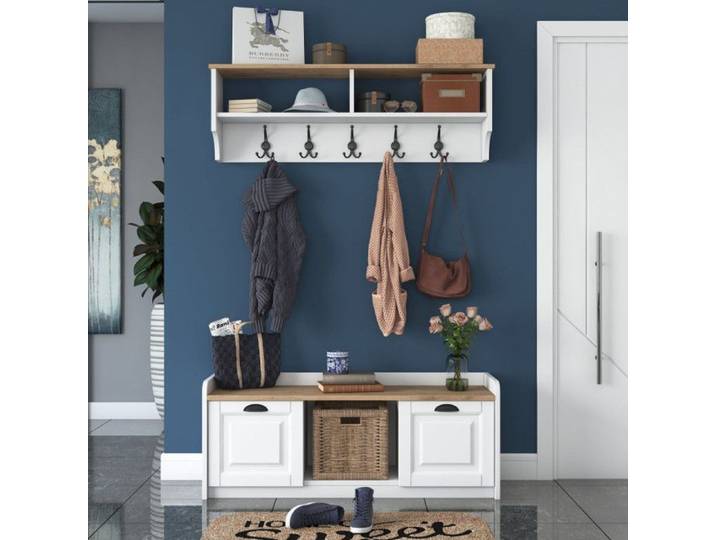 Meuble dentrée Vestiaire en bois MDF mélaminé blanc et noyer 120 x 40 x 45 cm avec étagère murale