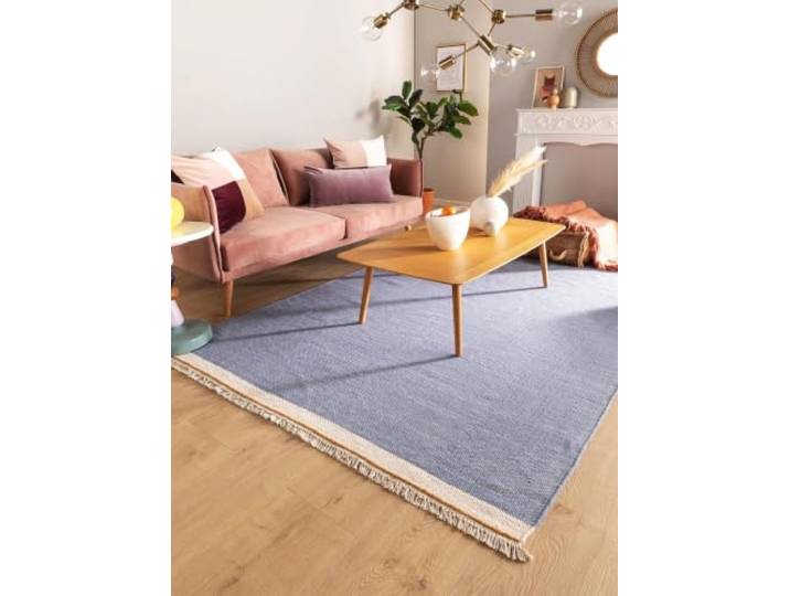 benuta Tapis en laine pop Karla - Bleu 200 x 300 cm - Coton\, Laine - Rectangulaire & Style : uni\, Hygge & Cozy\, Minimaliste - Facile d'entretien pour le salon et la chambre à coucher
