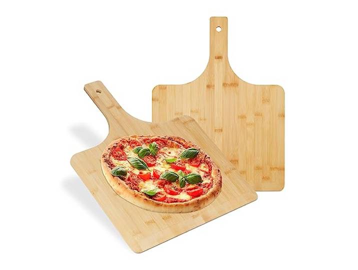 Relaxdays Planche à pizza XXL\, lot de 2\, 50x38 cm\, carrée\, spatule\, bords plats\, poignée\, support\, nature