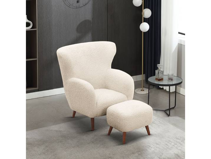 Fauteuil et repose-pieds MASNI Blanc Tissu teddy Ciela 90 x 98 x 83cm