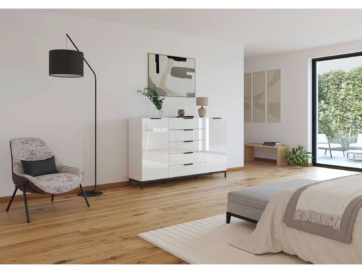 Sideboard Flipp Glas mit Gestell 111 cm 180cm Weiß/Weiß/Grau