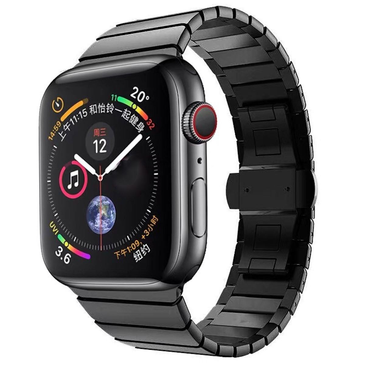 Wigento Zwarte Stalen Vervangende Band voor Apple Watch Series Ultra 1 & 2 (49mm), Series 9, 8, 7 (45mm), SE, 5, 4 (44mm) en Series 3, 2, 1 (42mm)