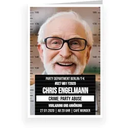 Einladungskarte 80. Geburtstag: Mugshot mit Foto in Schwarz