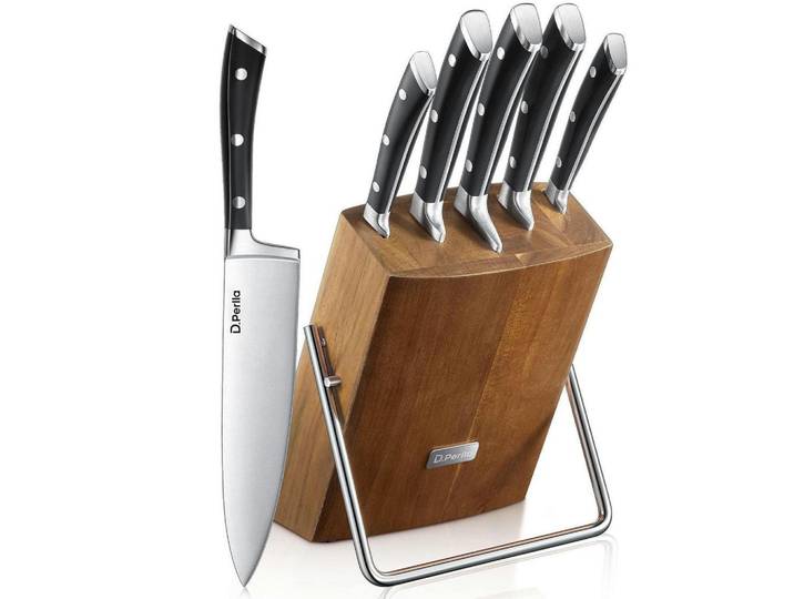 Messerblock Set 6-teilig mit Kochmessern aus Edelstahl mit hohem Kohlenstoffgehalt, Braun, Metall, 22.4x9.4x35.8 cm, Küchenzubehör, Küchenhelfer, Besteckeinsätze