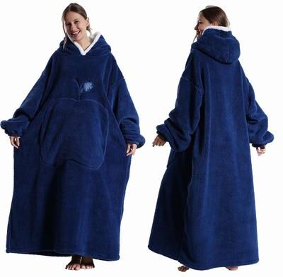Uplifted Finds Extra Long Wearable Hooded Blanket With Sleeves Cozy Flannel Winter Throw blue