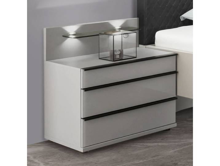 Nachttisch Loyd H 48cm H:68cm/B:60cm/T:42cm Hellgrau modern, mit Beleuchtung und Schubkasten Soft-Close