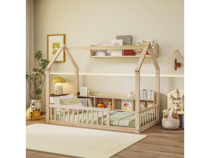 Bellemave Kinderbett Bodenbett 90×200 cm, Hausbett, Kiefernholz, Natur Montessori-Bett mit Ablagefächern und Rausfallschutz, hausförmiges Kinderbett, ohne Matratze