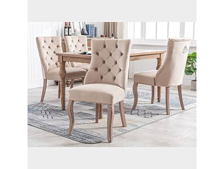 I0I&I0I Luxuriöser Samt Esszimmerstuhl Set 4-Fußstuhl in Beige mit Hoher Rückenlehne und Knopfsteppung Massivholzgestell 4er Set (51x 47x97cm, Beige, 4)