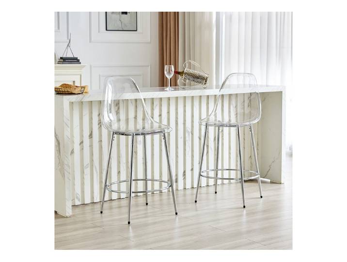 Fine Life Pro Barhocker 2 Barhocker transparent, Schwebedesign, silberne Metallbeine, 102 cm, Für offene Küchen, moderner Luxus-Minimalismus