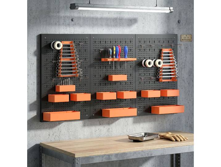 HOMCOM Organiseur Mural 33pcs 120x60cm Crochets Bacs Noir Orange