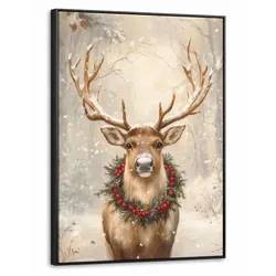 LEINWAND Bilder mit Rahmen - Weihnachten - Rentier - Winter - Kranz - 50x70