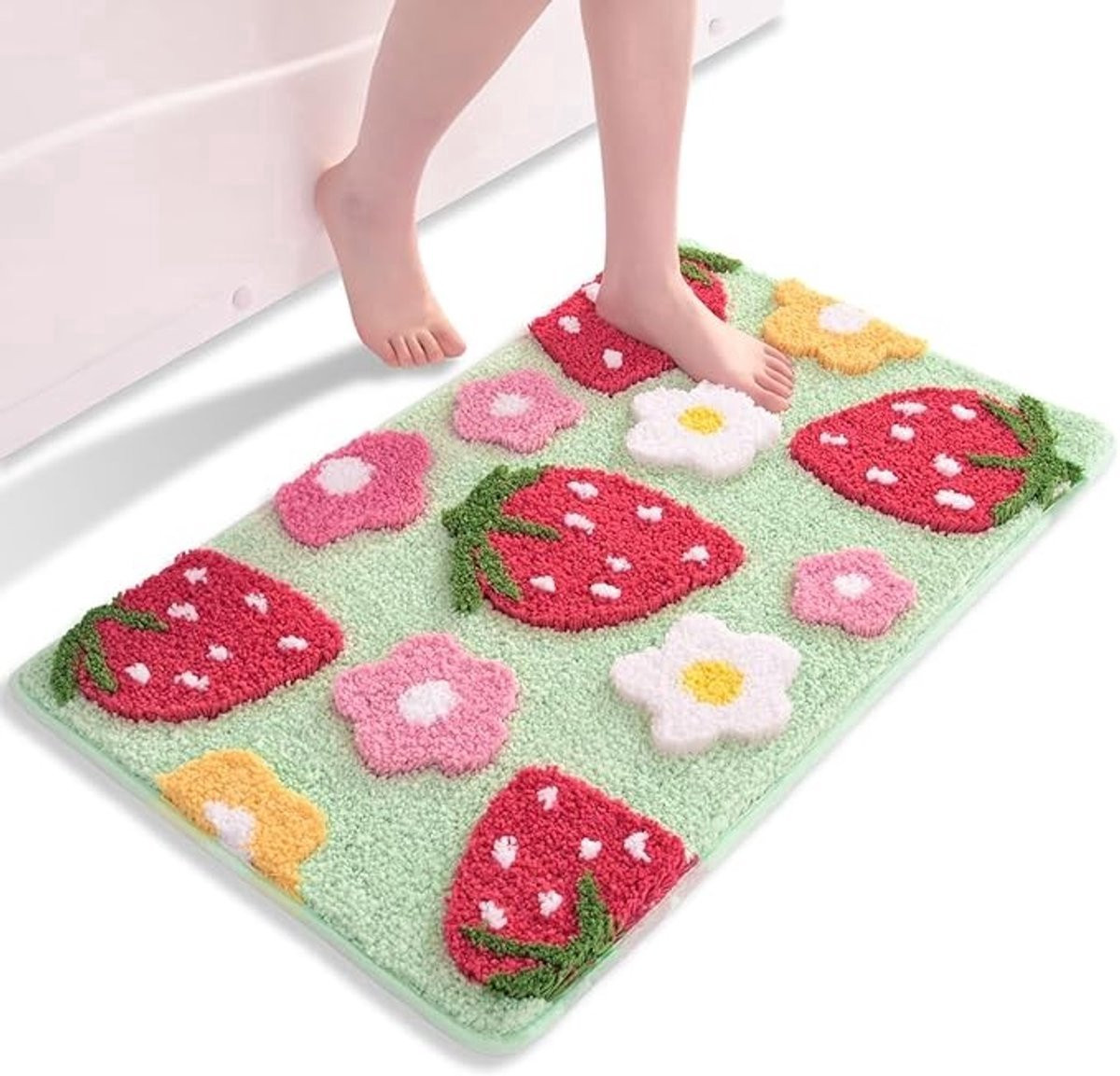 Groene badmat met aardbeienmotief, antislip en absorberend