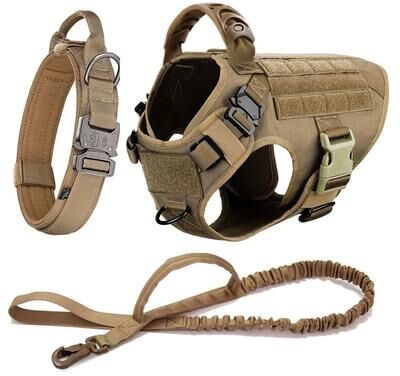 PetsAreLife Military Grade Large Dog Harness & Leash Set Tactical Training Vest For German Shepherds & K9s brown Set s