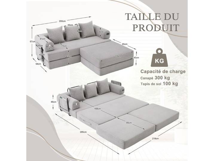 Canapé modulable - ZEVKOR - Modulable - velours côtelé - 3 places + pouf - structure métallique