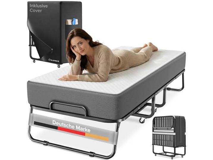 ELONEO Klappbett 90x200 cm inkl. Premium Matratze Gästebett klappbar, belastbar bis 250kg faltbares Reisebett mit Metallrahmen und Transportrollen Schrankbett inkl. Schutzhülle