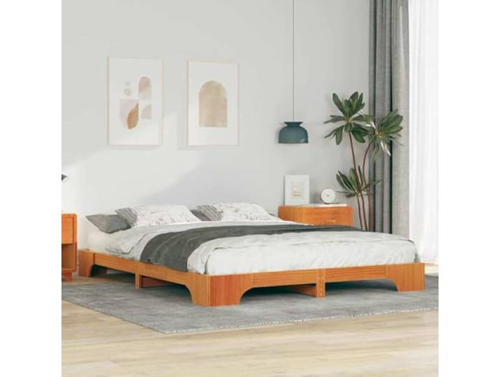 Massives Kiefernholz Plattformbett Modern Schlafzimmer 160 x 210 cm Braun Bettgestell Massivholz Kiefer Braun 160x210 cm mit Lattenrost Stabil Modern Bettrahmen Ohne Boxspring