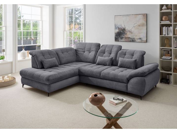 Ecksofa OTTO HOME Delphino modern & bequem, Multifunktionen: Bettfunktion, 288cm , grau (silber, zierkissen silber), B:255cm H:94cm T:216cm, 93% Polyester, 7% Polyamid, Sofas, Ecksofa, zwei verschiedene Fußfarben wählbar