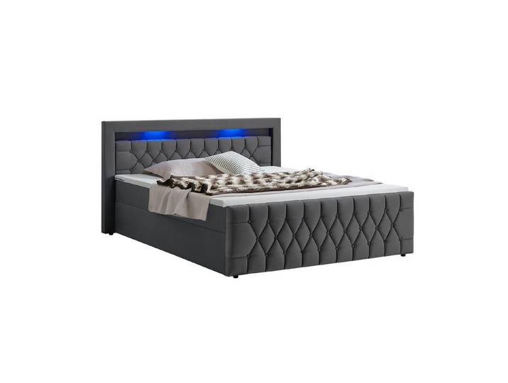 Juskys Polsterbett Leona, 180x200 cm, Boxspringbett-Optik, Samt-Bezug, LED-Licht, H4 Matratze