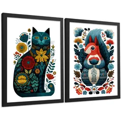 POSTER 2er-Set moderne Kunstdrucke im Folk-Stil, Katzen Eichhörnchen-Dekorationsbilder, farbenfrohe Blumenposter für Wohnzimmer Schwarzer Rahmen A4