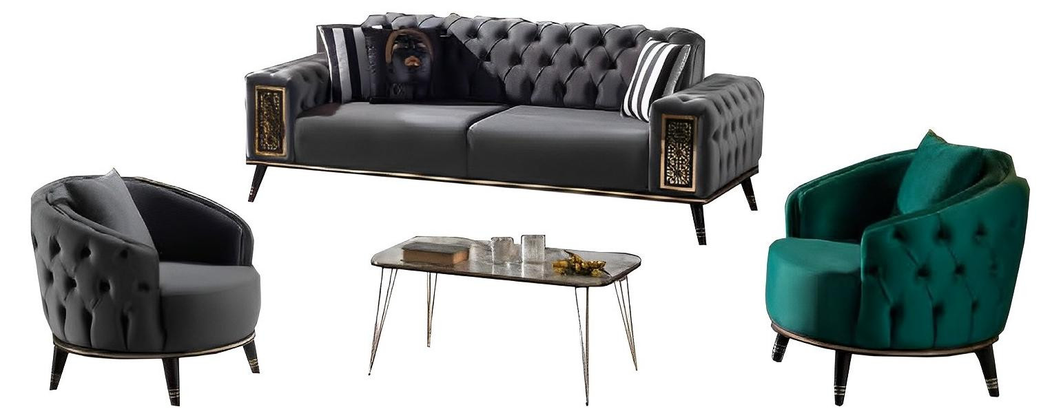 Chesterfield Designer Sofagarnitur met 2x Driepersoonsbank en Polstersessel in Grijs-Groen