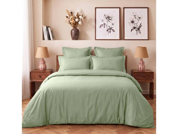Parure de lit satin coton + 2 taies carrées sauge 140x200 cm