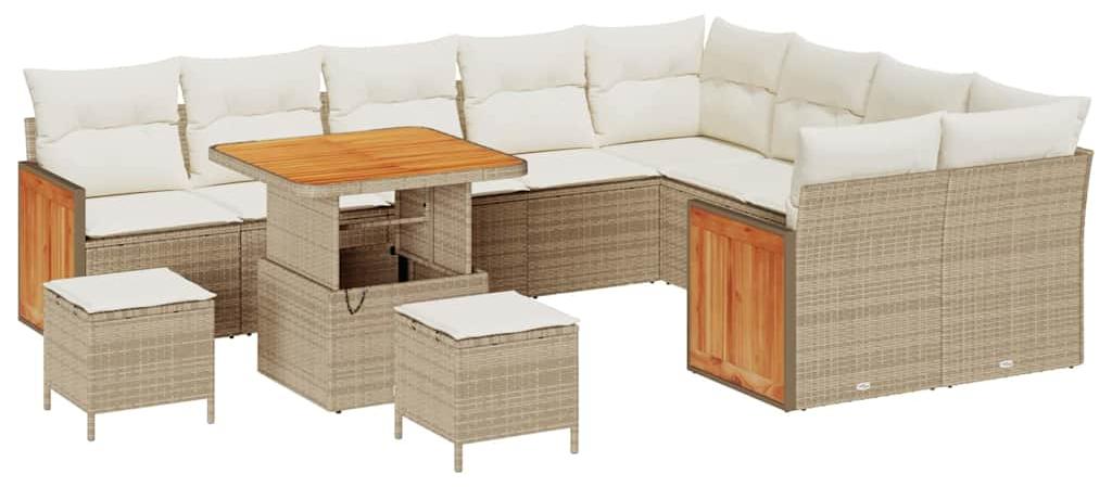 Gartenbank - Terrassenbank - Aus Poly-Rattan und massivem Akazienholz - Wetterbeständig - Beige und cremeweiß